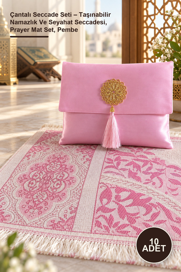 10-Piece Prayer Mat Set with Bag – Portable Prayer Mat and Travel Prayer Mat, Prayer Mat Set, Pink
