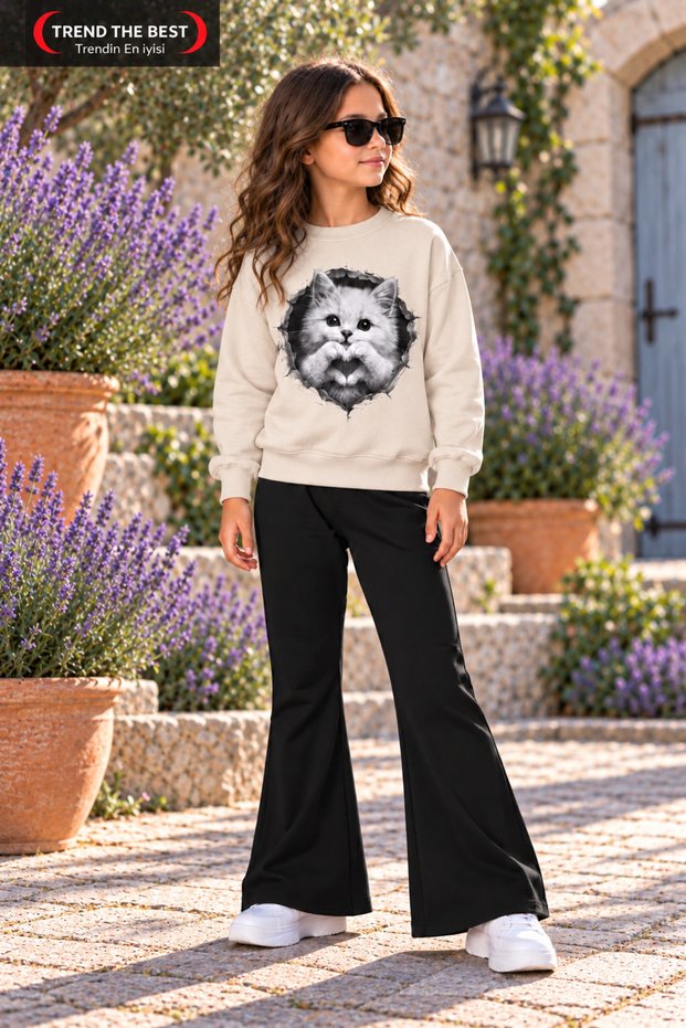 Winter, Spring, and Autumn Girls' Black Spanish Flared Bottoms and Beige Sweat Top