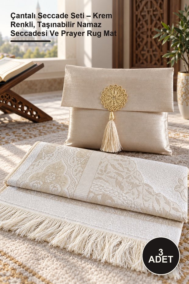 3-Piece Prayer Rug Set with Bag – Cream Color, Portable Prayer Rug and Prayer Mat