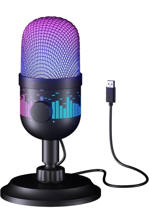 ميكروفون مكثف، ميكروفون USB للألعاب على الكمبيوتر، مع إضاءة RGB، وزر كتم الصوت، وتقليل الضوضاء، وتحكم في مستوى الصوت - مثالي