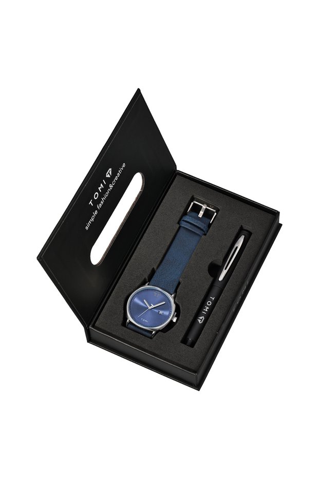 Blue silver TOMI New 2PCS Luxury Business Men Watch Gift Box Set Simple and Casual Men Calendar Quar