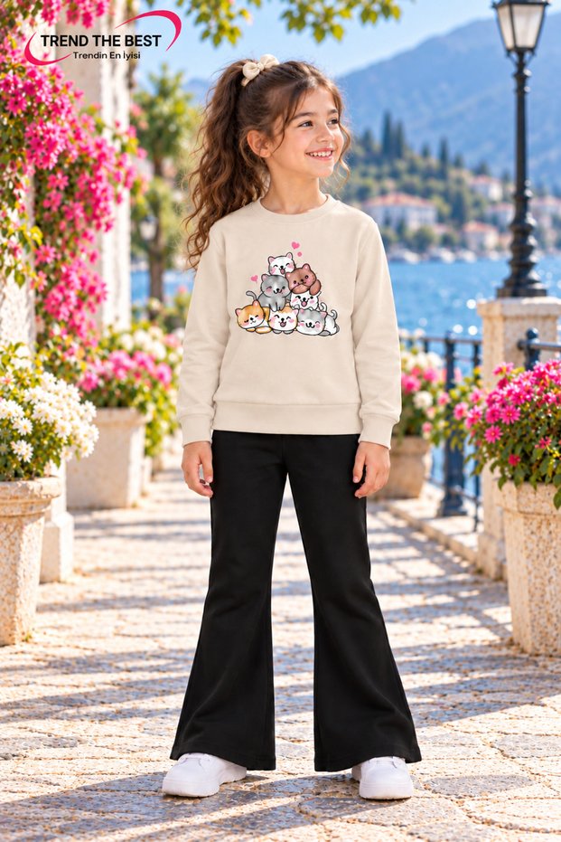Winter, Spring, and Autumn Girls' Black Spanish Flared Bottoms and Beige Sweat Top