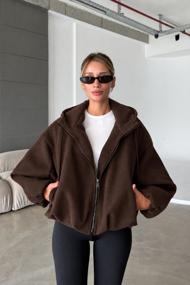 Zr Model Bitter Brown Hooded Bomber Jacket Women's Imported Anti-Pilling Cashmere Coat