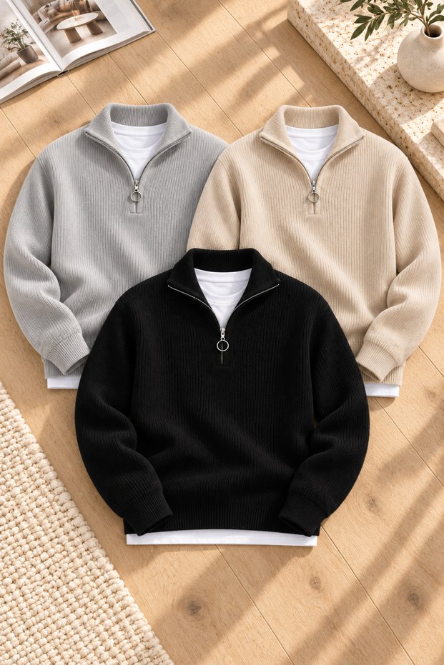 Men's 3-Piece Set of Thick Knit Winter Sweaters with Stand-Up Collar and Half-Zip Closure.
