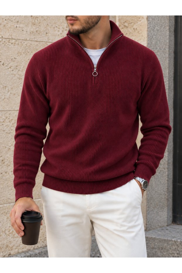 Men's Stand-Up Collar Half-Zip Thick Knit Winter Sweater.