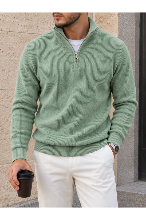Men's Stand-Up Collar Half-Zip Thick Knit Winter Sweater.