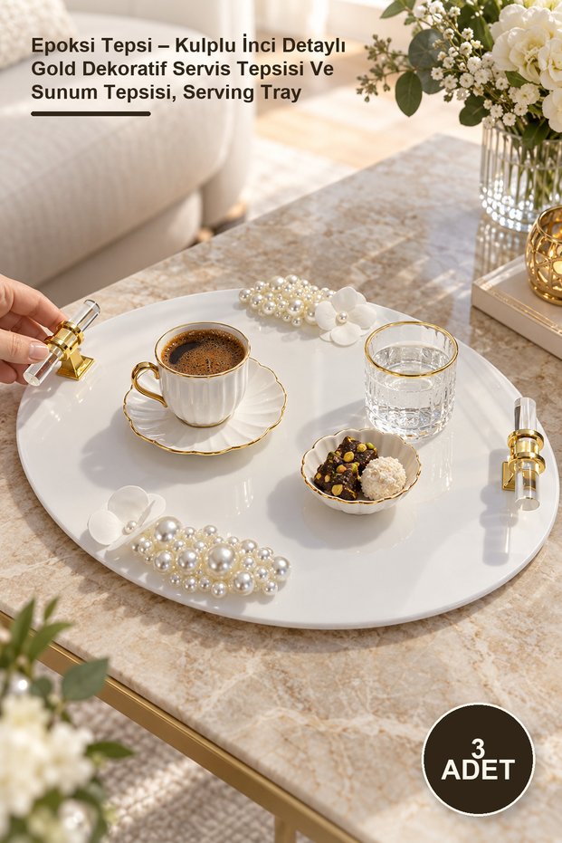 3 Pieces of Epoxy Tray – Gold Decorative Serving Tray with Pearl Detail and Handle, Presentation Tray, Serving Tray