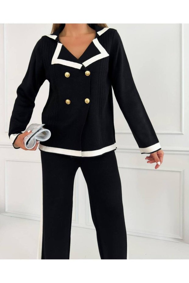 Women's Black Blazer Buttoned Double Tricot Suit