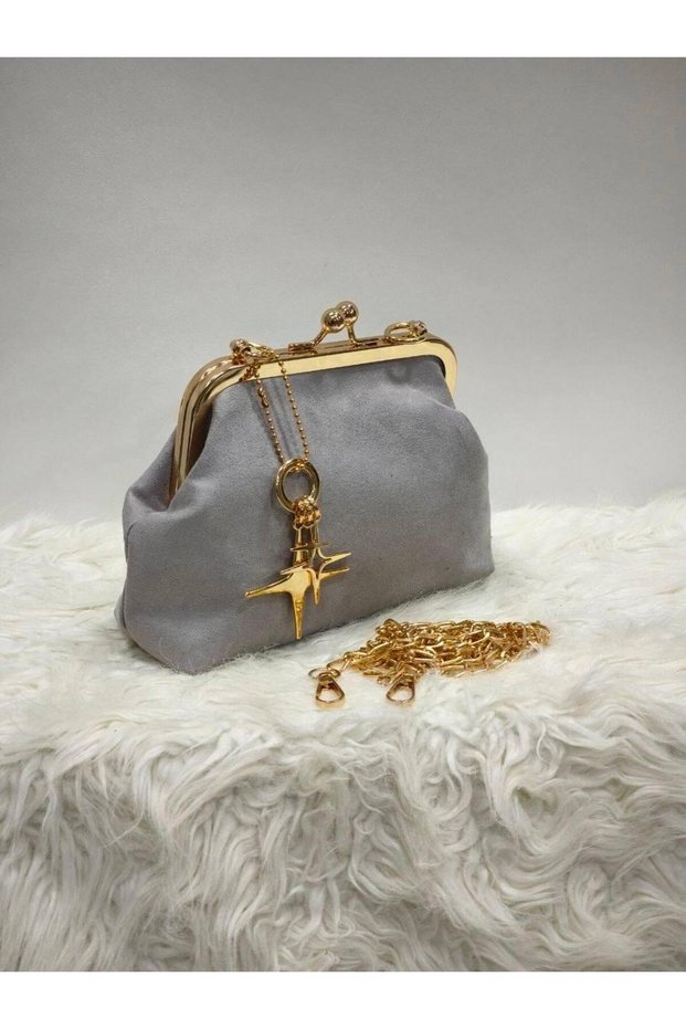 Suede Scholar Small Size Star Charm Detailed Long Cross Strap Women's Hand and Shoulder Bag (20cm X 11cm)