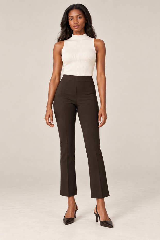 Women's Winter Fabric High-Rise Spanish Flare Pants - Flexible Fabric, Elastic Waist, Hidden Zipper Fabric Pants