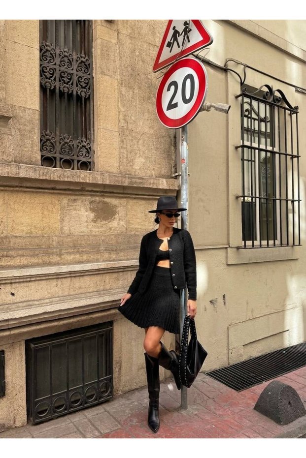 Women's Black Buttoned Cardigan and Skirt Set