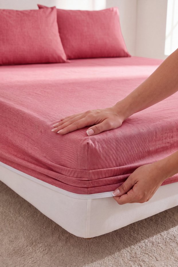 Double Cotton Elastic Sheet Set | With 2 Pillowcases | Non-Slip Corner Elastic, Soft Textured