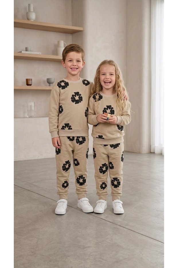 Girls Boys Unisex Floral Patterned Sweatshirt and Sweatpants 2-Piece Set