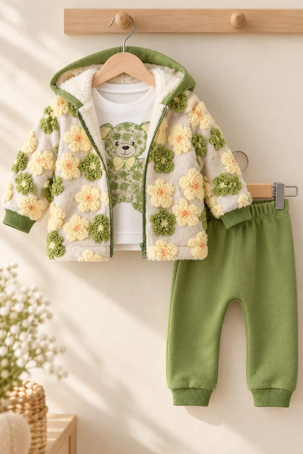 Baby Girl 3-Piece Set Hooded Plush Floral Patterned Cardigan Teddy Bear Printed Long Sleeve Sweatshirt and Matching