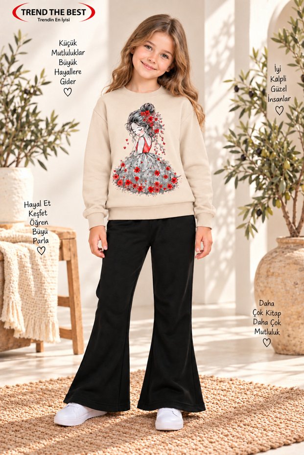 Winter, Spring, and Autumn Girls' Black Spanish Flared Bottoms and Beige Sweat Top