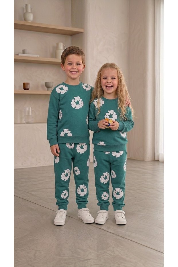 Girls Boys Unisex Floral Patterned Sweatshirt and Sweatpants 2-Piece Set