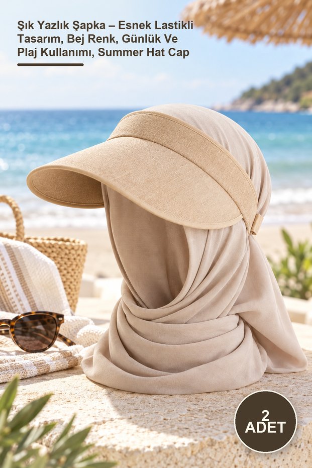 2 Stylish Summer Hats – Flexible Elastic Design, Beige Color, Daily and Beach Use, Summer Hat Cap