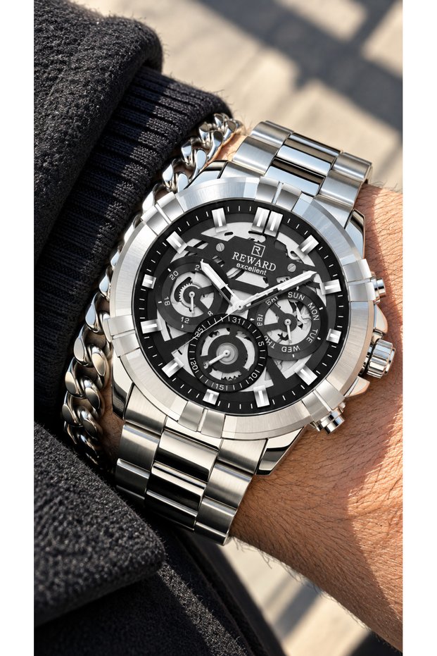 Functions Active-Silver Color Steel Cord-Black Dial-Sports Men's Wristwatch+Chain Bracelet