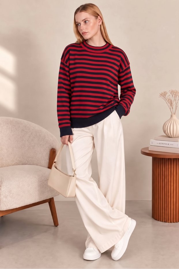 New Season Women's Striped Patterned Relax Fit Comfortable Cut Soft Texture Crew Neck Low Sleeve Knitwear Sweater