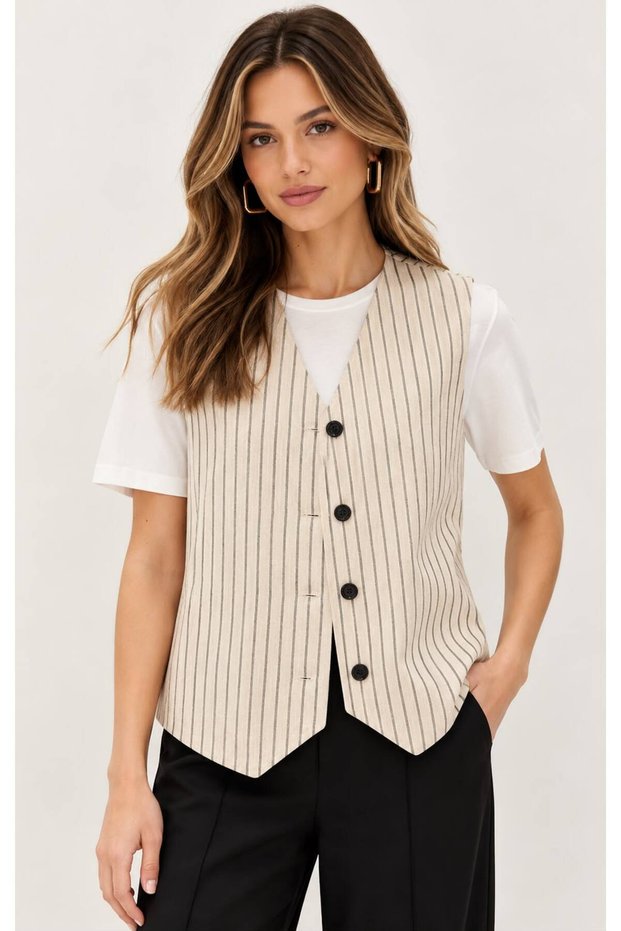 Cream Color Striped Buttoned Vest