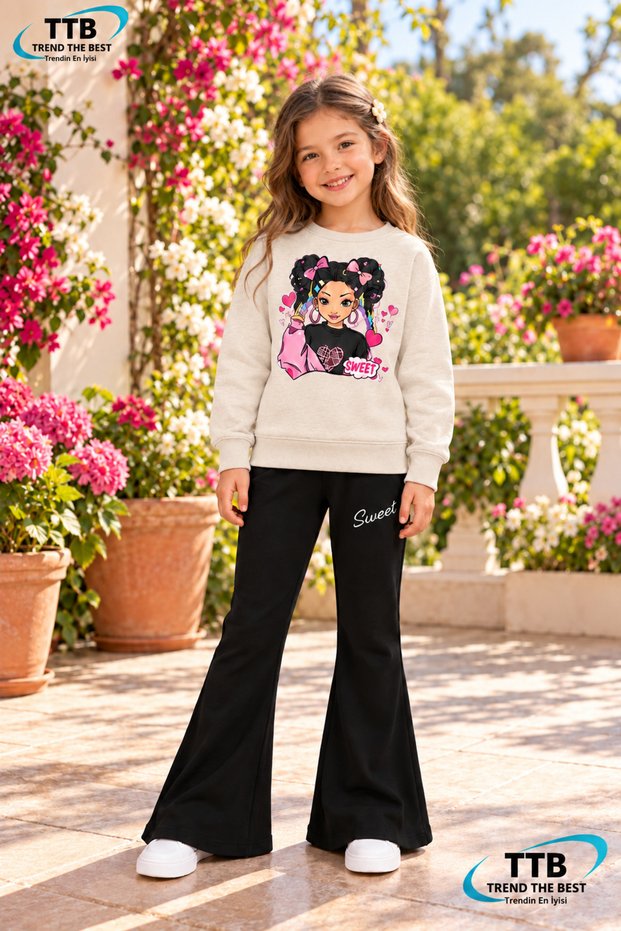 Winter, Spring, and Autumn Girls' Black Spanish Flared Bottoms and Beige Sweat Top