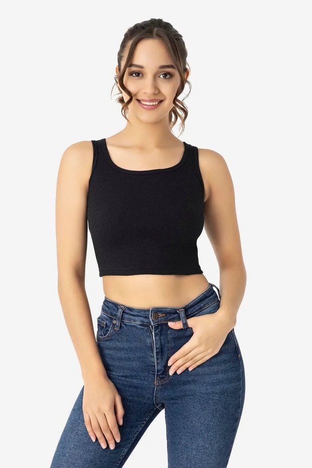 Premium Clothing Style Flexible Women's Cotton Camisole Crew Neck Thick Strap Crop Black