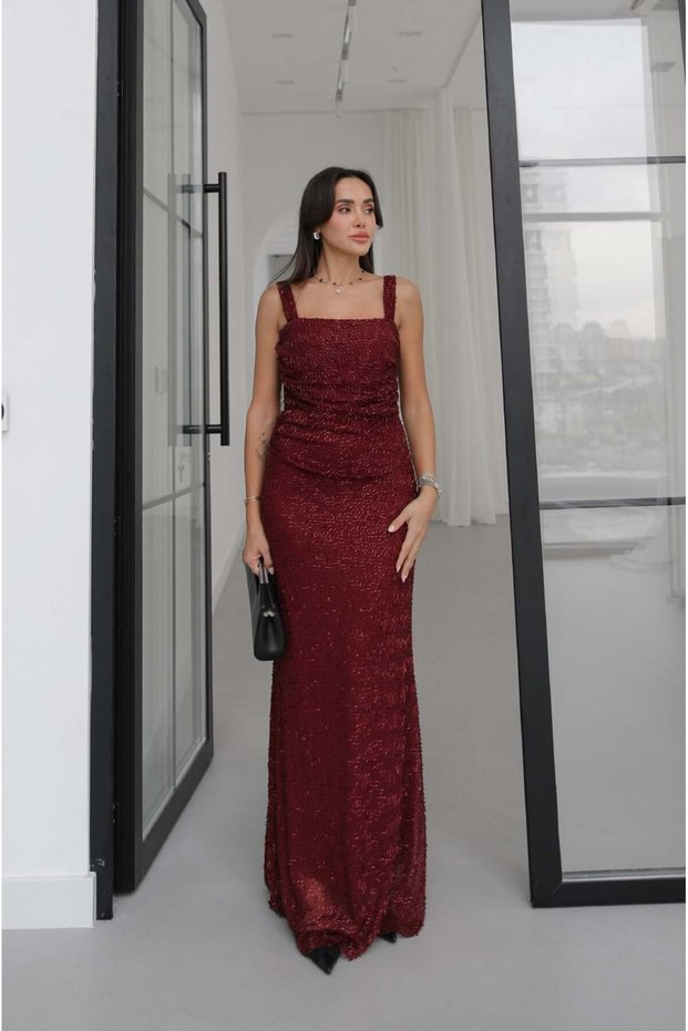 Burgundy Square Neck Beaded Tulle Evening Dress