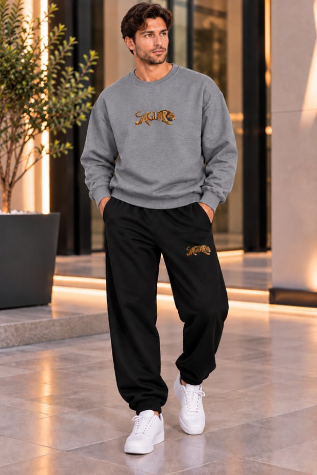 Men's Unisex Jaguar Printed Black Oversize Sweatshirt and Seasonal Sweatpants 2-Piece Set