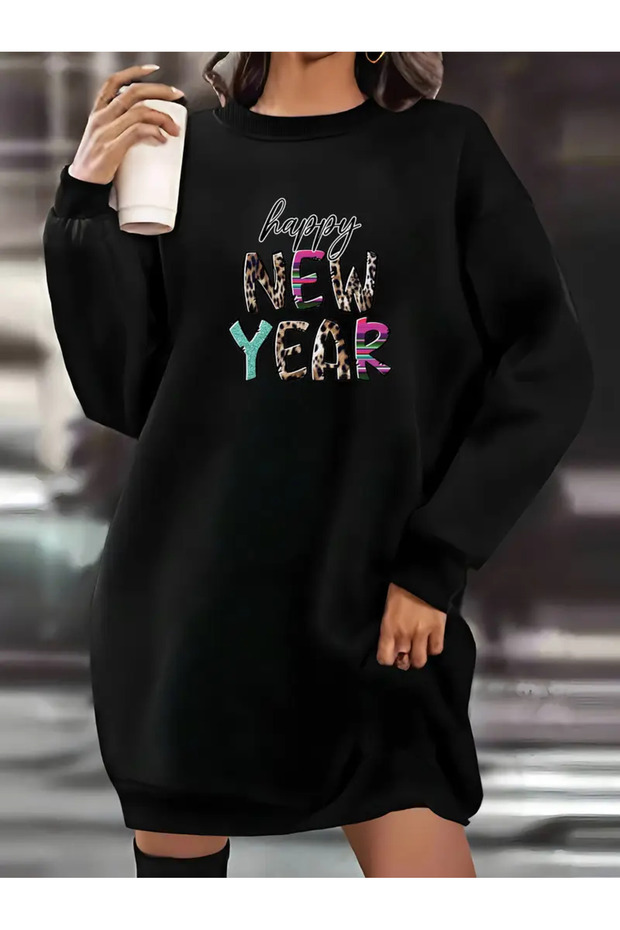 Women's Happy New Year Sweatshirt Dress - Black
