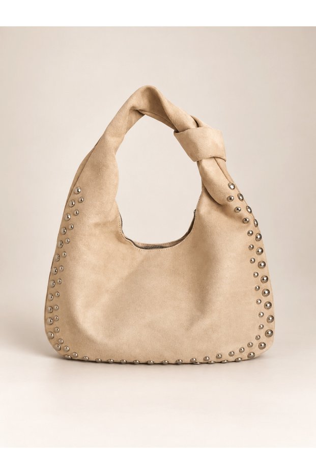 Women's Beige Suede Clutch Bag and Shoulder Bag with Studded Detail and a Zip Detail