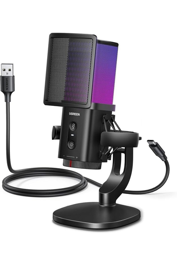 ميكروفون للكمبيوتر، ميكروفون USB مع إضاءة RGB، زر كتم الصوت، 24 بت/96 كيلوهرتز، نمط قلبي الشكل