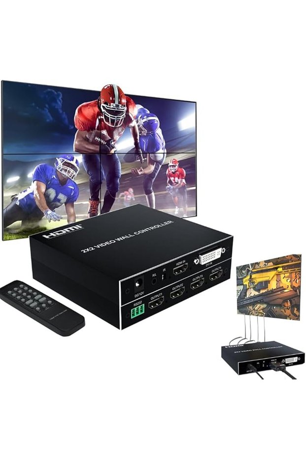 وحدة تحكم لشاشة فيديو HDMI مقاس 2x2، دقة 1080 بكسل، تردد 60 هرتز، أوضاع عرض متعددة، واجهة RS232 وجهاز تحكم عن بعد بالأشعة تحت الحمراء، 4 منافذ HDMI.