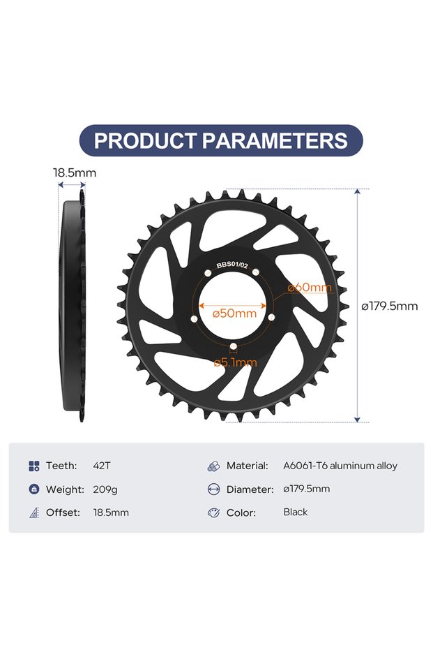42T (No Chain Guard) BAFANG Chainring 36T 42T 44T 52T Chainwheel For 8FUN BBS01 BBS01B BBS02 BBS02B
