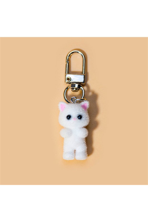 White 1pcs Sweet 3D Flocking Kitten Keychain Cat Couple Mobile Phone Pendant Car Keyring Earphone Ba