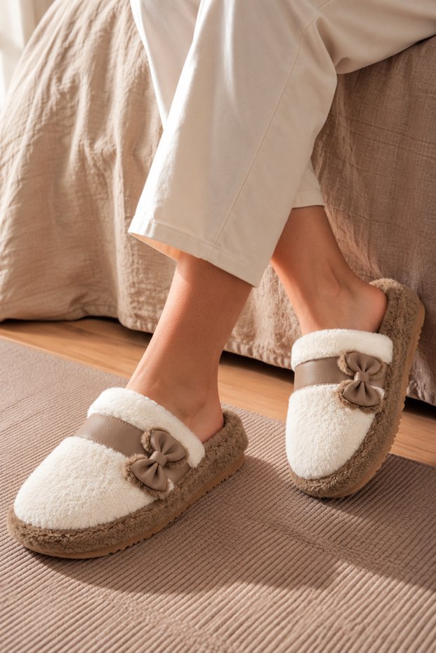 Women's Bow Detailed Plush House Slippers | Soft Soled, Warm, Comfortable, and Cozy Winter Slippers