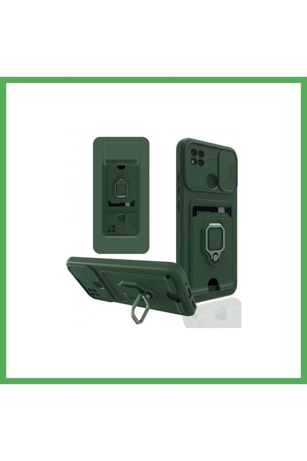 Redmi 9C Compatible Case Zuma Silicone with Business Card Holder and Ring - Green Bezoss