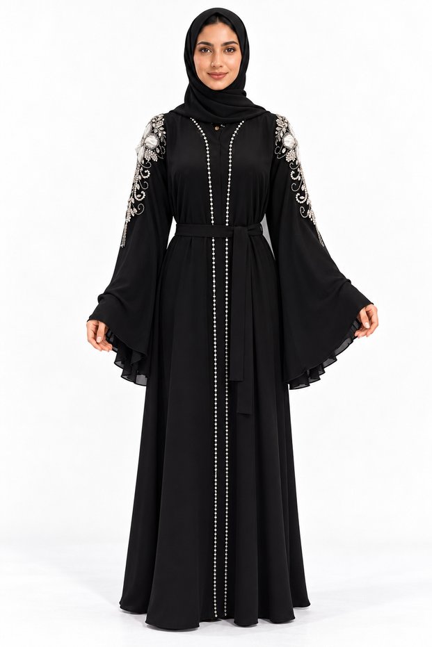 Abaya with Shoulder and Belt Decorations | Shoulder Motif Belted Abaya