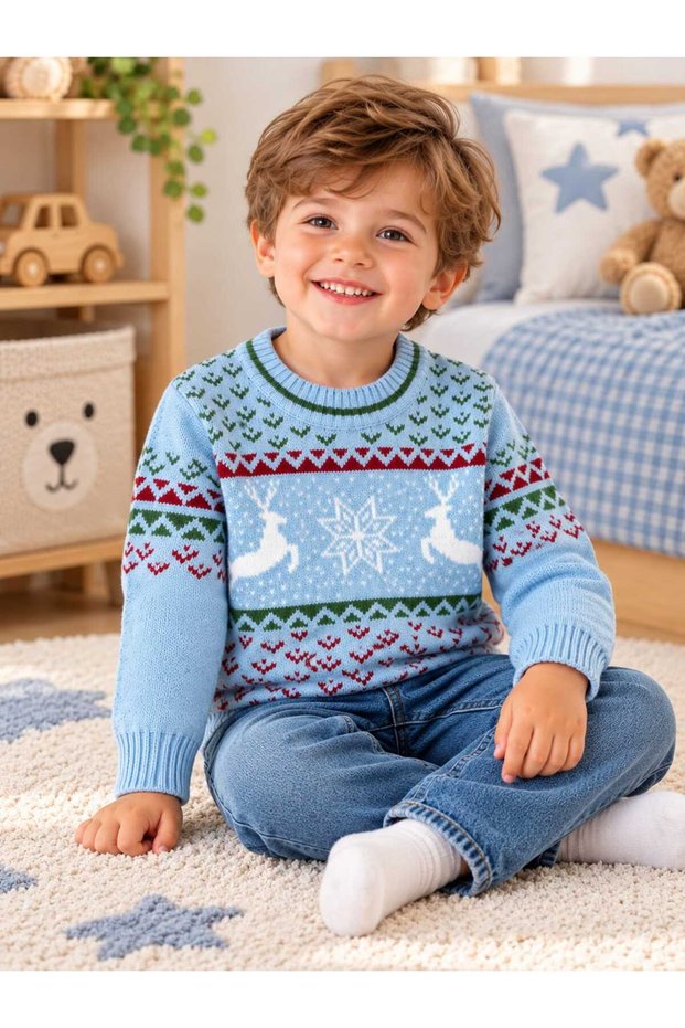 Baby Boy & Child Red Deer and Snowflake Patterned Crew Neck Stretchy Knit Sweater