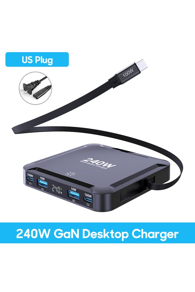 US Plug Ubigbuy 240W GaN Charger Digital Display Fast Charging Station with 100W USB C Retractable C