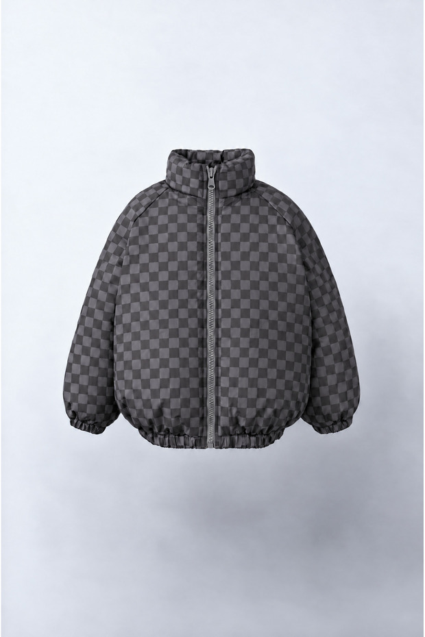 Children's Black Gray Checkerboard Patterned Zippered Coat