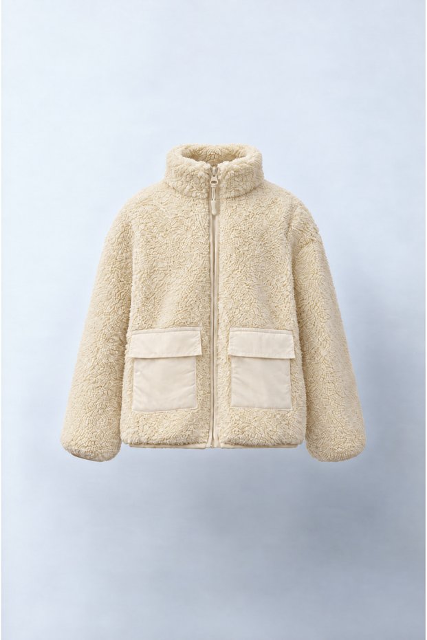 Unisex children's cotton ecru plush zippered pocket jacket