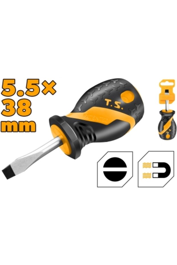مفك براغي قصير ذو فتحة من نوع Cr-V بمقبض ناعم الملمس 5.5×38 مم