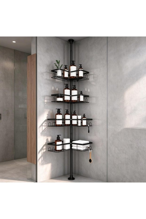 Corner Shower Caddy Tension Pole, 4-Tier No Drill Bathroom Corner Shelf, Rustproof Metal Adjustable