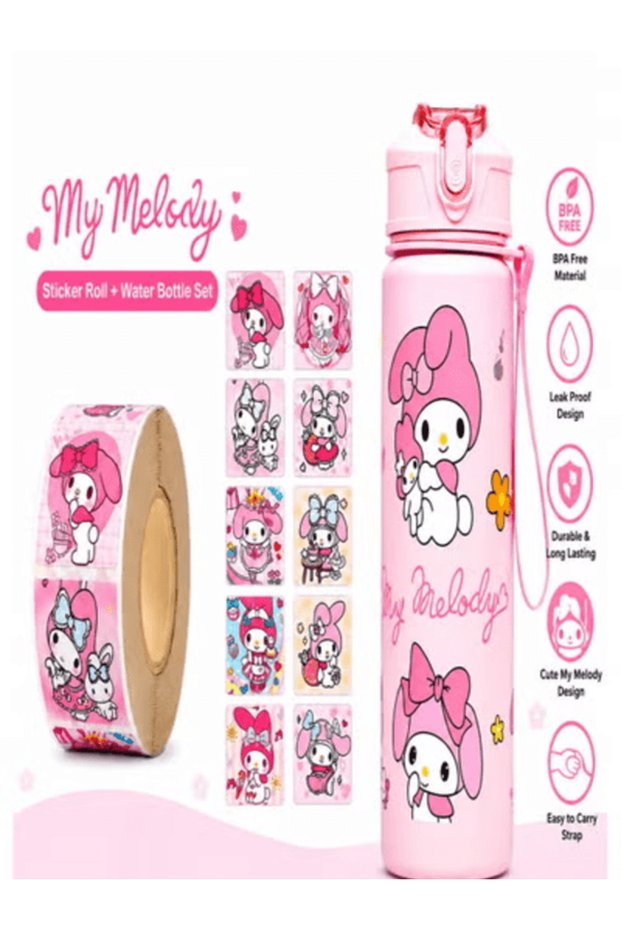 Sanrio 850ml Water Bottle with 500PCS Sticker Set – Hello Kitty Kuromi Kawaii Cartoon Bottle for Kids, Leak-Proof BPA-Free Drinking Cup with Straw | Cute Vinyl Stickers