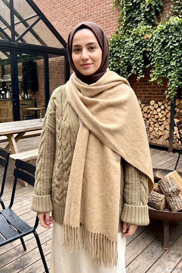 Women's Soft Textured Tassel Detail 200X70Cm Scarf Shoulder Shawl 1333 Beige