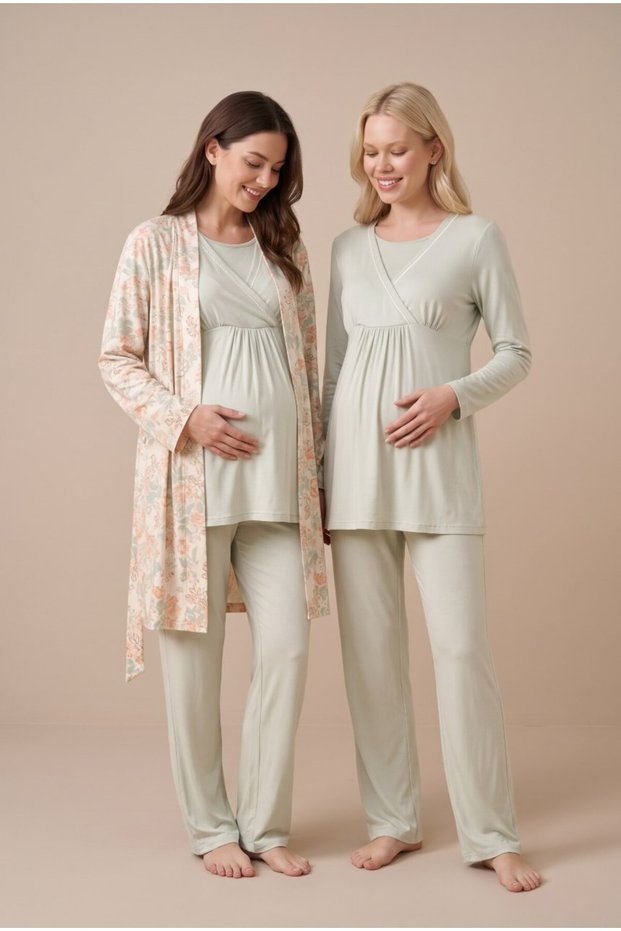 Women's Green Patterned Double-Breasted Collar Long Sleeve New Season Maternity Pajama Set with Easy Breastfeeding Dressing Gown