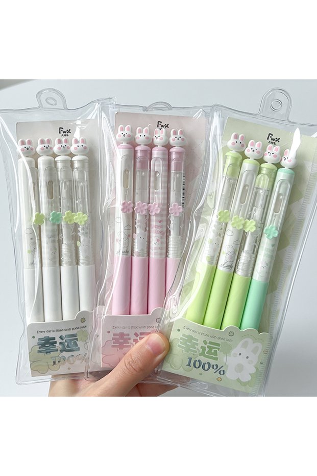 black 12Pcs Series 4/8/12Pcs Cute Rabbit Gel Pens 0.5mm Fun Lucky Clover Quick-Drying Black Pens for