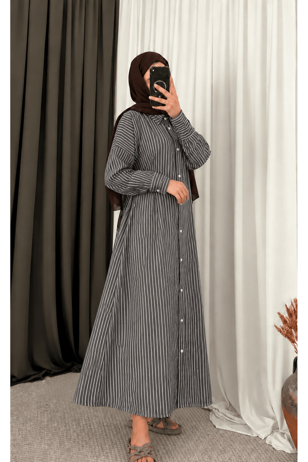Striped Dress with Pencil Detail on the Front - Smoked