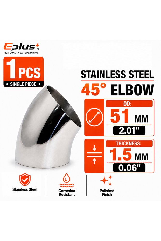 OD 51MM-1.5MM 1PCS Universal Stainless Steel 45 Degree Elbow Pipe Polished Weld‑On Pipe Fitting Bend