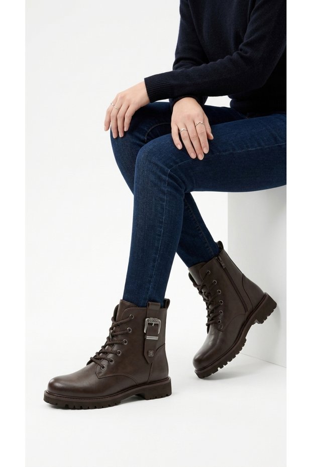 Women's Boots Biker Lace-Up Buckle Thick Serrated Tan Winter Casual Ordan315Mrv